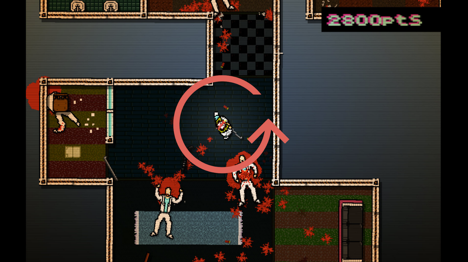 Screenshot of Hotline Miami with a circle in the center to drive home the point of the 360 controler
