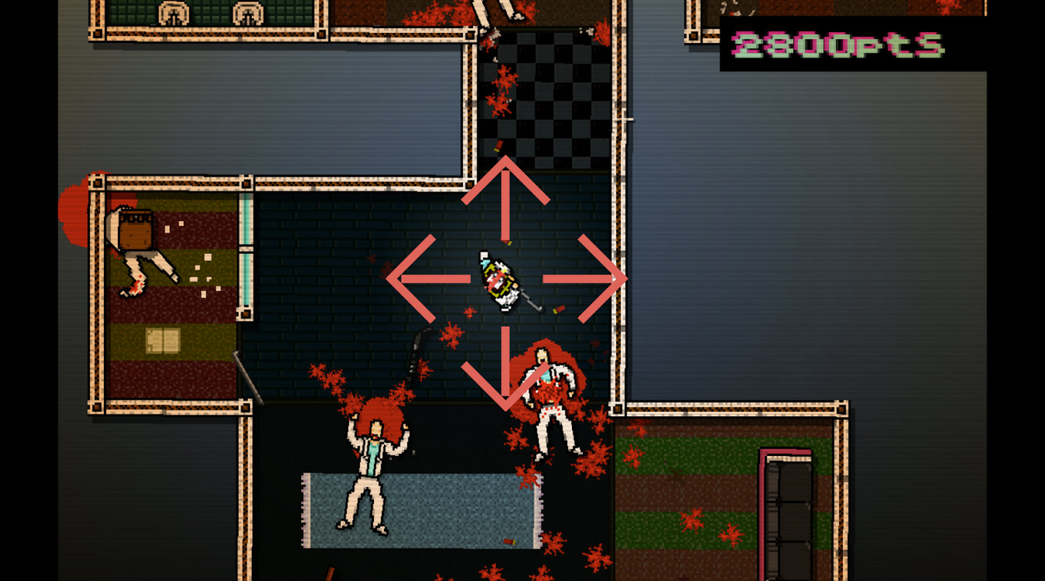 Screenshot of Hotline Miami with movement axis drawn over it to illustrate the control with the D-Pad